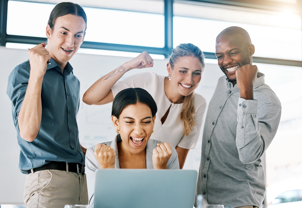Winning results, fist pump and celebration business people with laptop, online email success on fin.