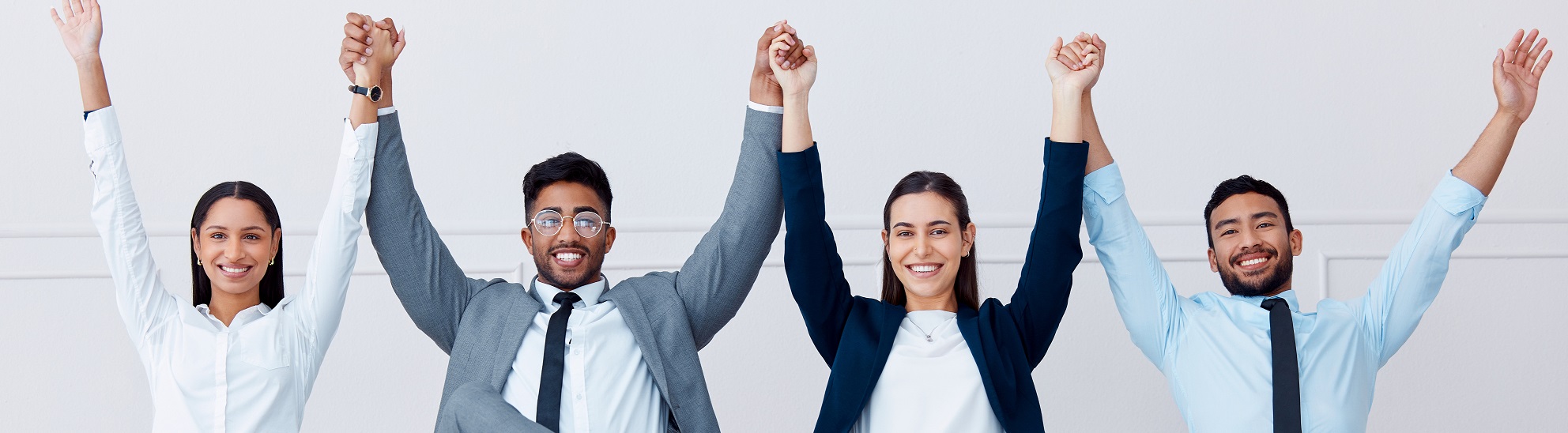 Celebration, success and recruitment business people in waiting room for we are hiring, Human Resou.